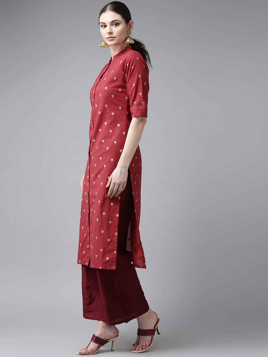 Women's Maroon & Golden Block Printed Straight Kurta