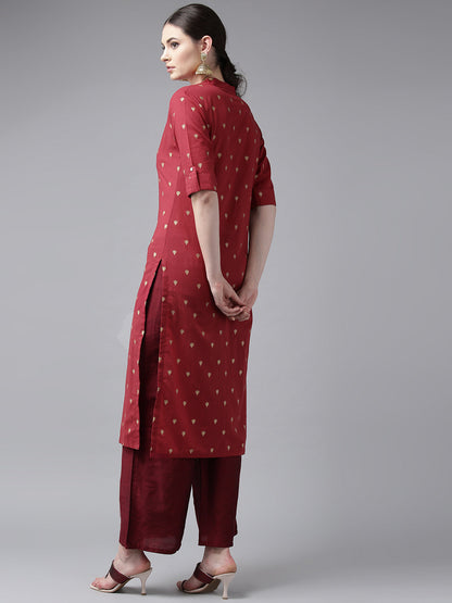 Women's Maroon & Golden Block Printed Straight Kurta