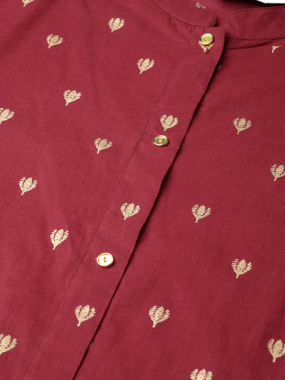 Women's Maroon & Golden Block Printed Straight Kurta