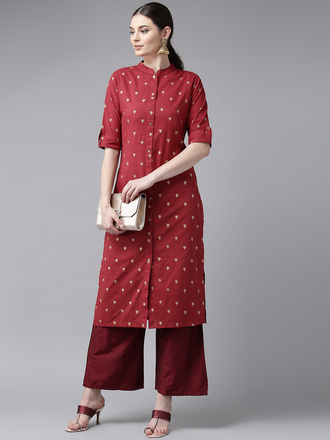 Women's Maroon & Golden Block Printed Straight Kurta
