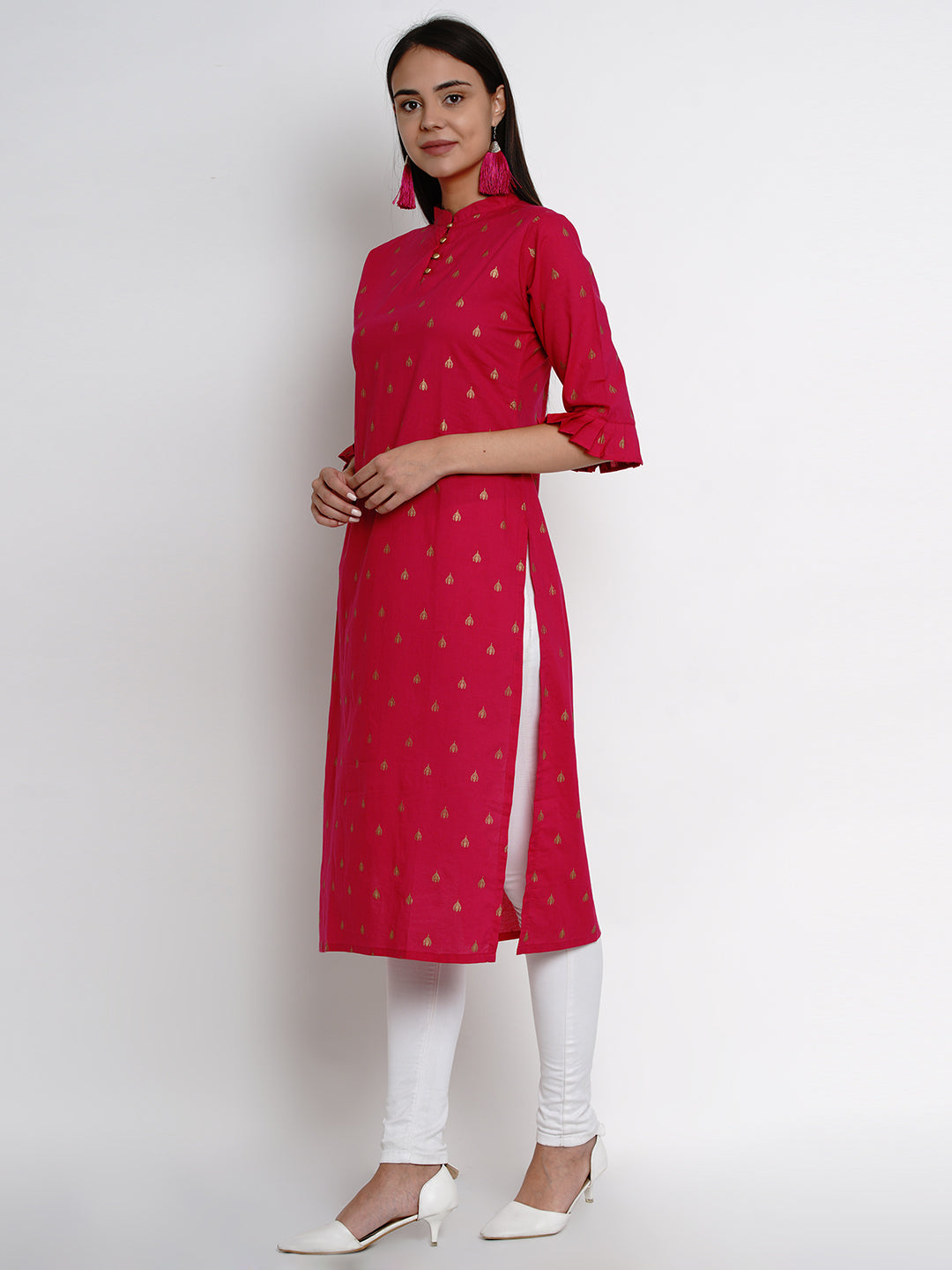 Women's Fuchsia Pink Printed Straight Kurta