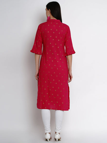 Women's Fuchsia Pink Printed Straight Kurta