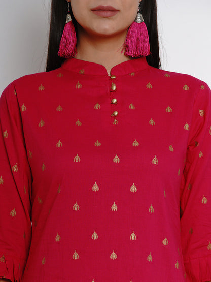 Women's Fuchsia Pink Printed Straight Kurta