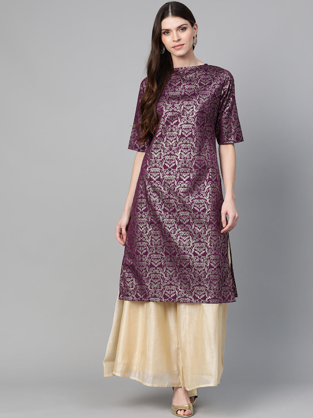 Women's Purple & Golden Block Print Straight Kurta