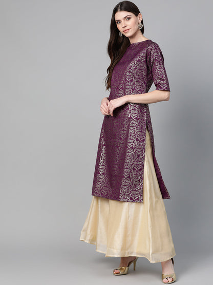 Women's Purple & Golden Block Print Straight Kurta