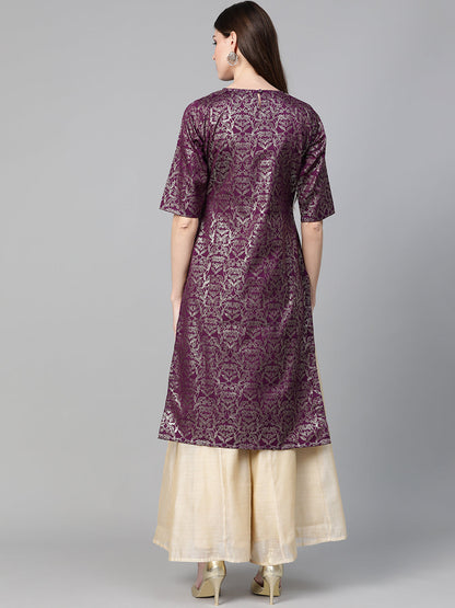 Women's Purple & Golden Block Print Straight Kurta