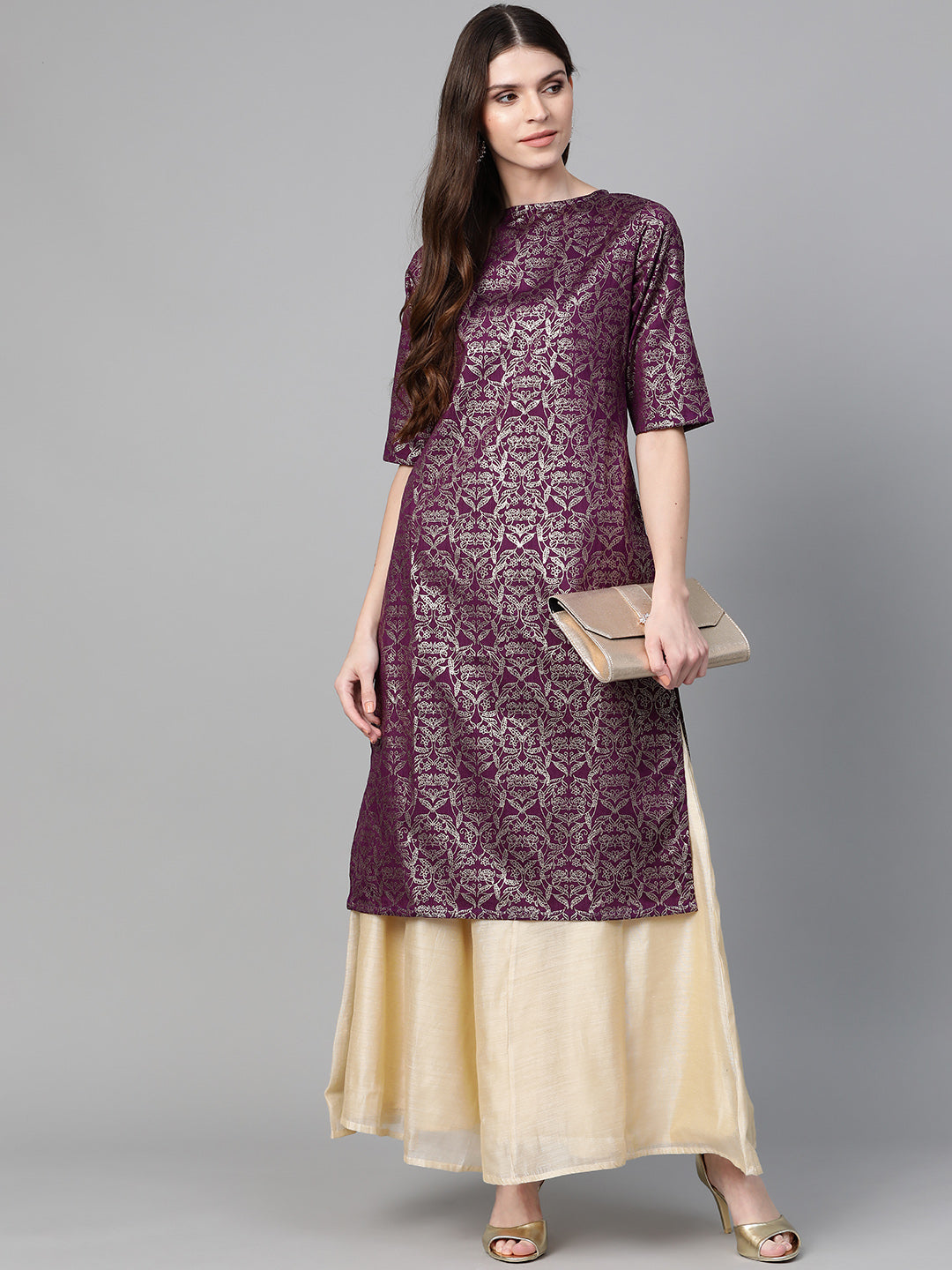 Women's Purple & Golden Block Print Straight Kurta