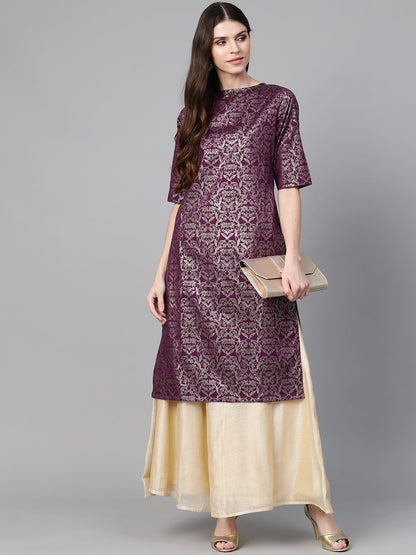 Women's Purple & Golden Block Print Straight Kurta