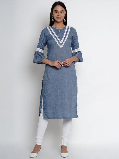 Women's Â Blue Solid Lace Detailing Straight Kurta