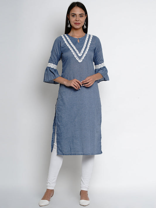 Women's Â Blue Solid Lace Detailing Straight Kurta