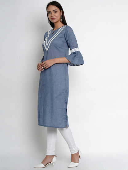 Women's Â Blue Solid Lace Detailing Straight Kurta