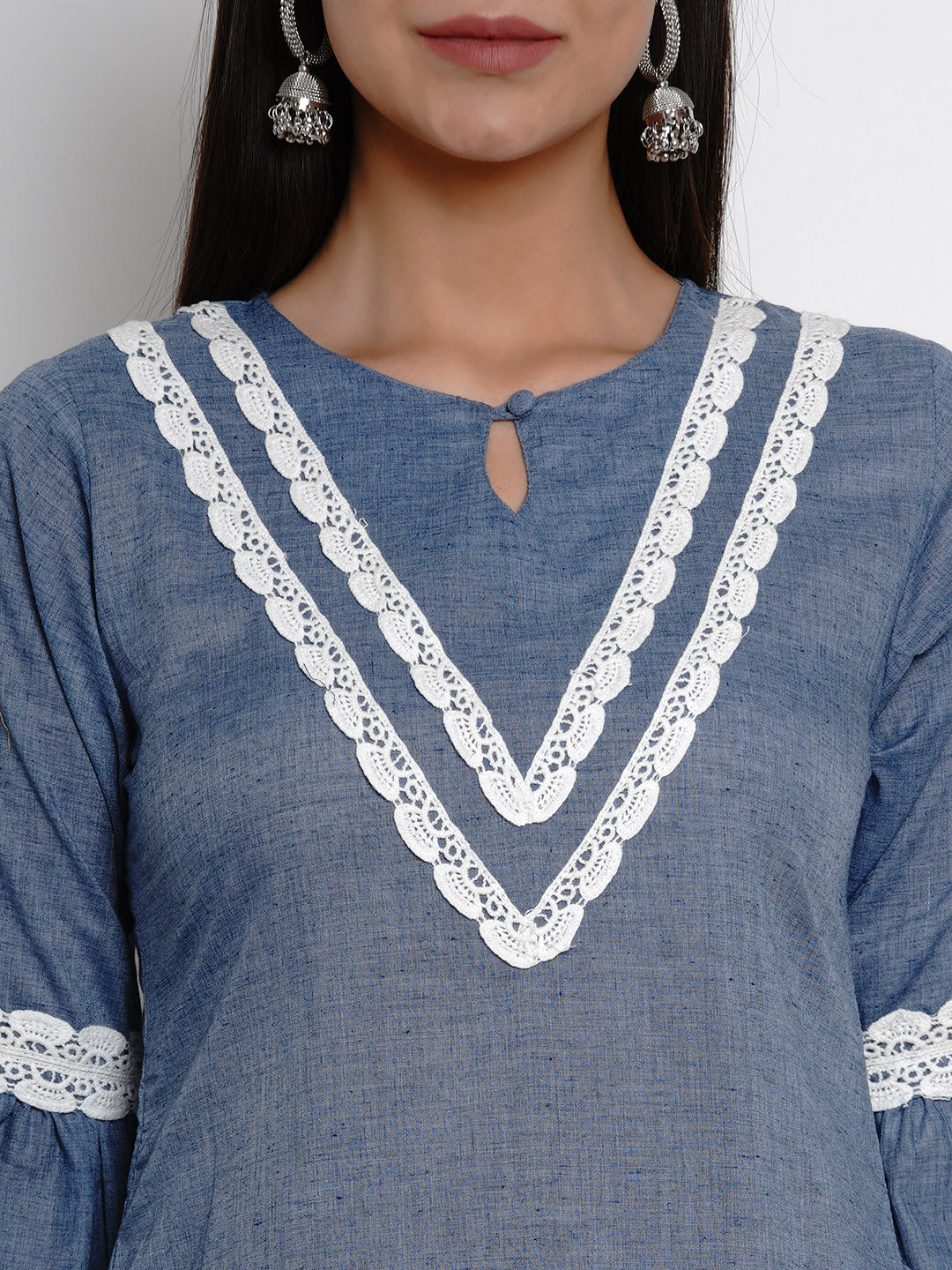 Women's Â Blue Solid Lace Detailing Straight Kurta