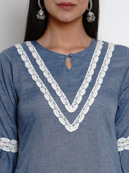 Women's Â Blue Solid Lace Detailing Straight Kurta