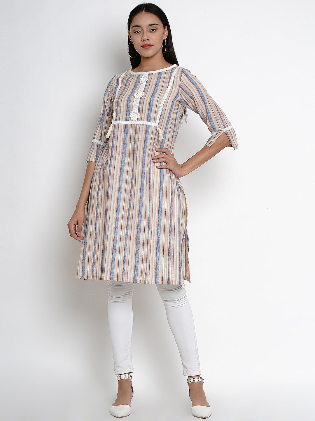 Women's Multi Striped Striaght Lace Detailing Kurta