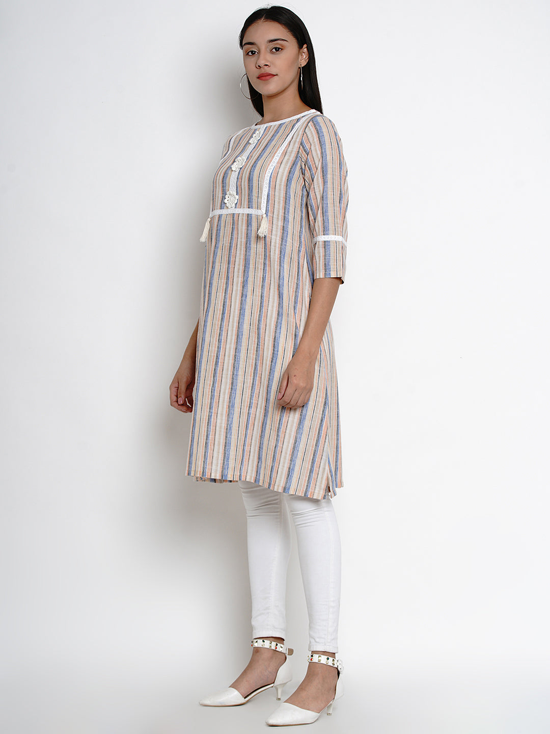Women's Multi Striped Striaght Lace Detailing Kurta