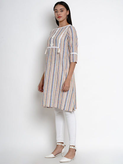 Women's Multi Striped Striaght Lace Detailing Kurta
