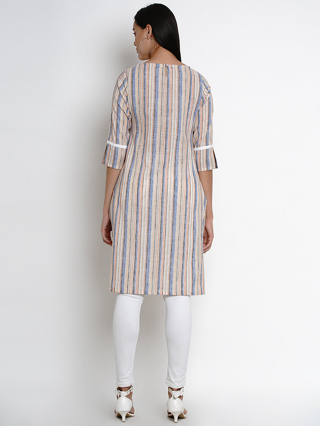 Women's Multi Striped Striaght Lace Detailing Kurta
