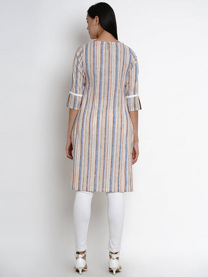 Women's Multi Striped Striaght Lace Detailing Kurta