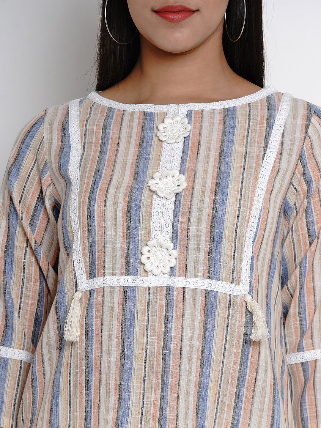 Women's Multi Striped Striaght Lace Detailing Kurta