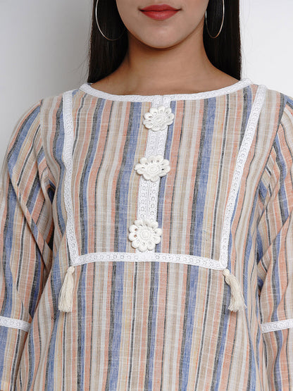 Women's Multi Striped Striaght Lace Detailing Kurta