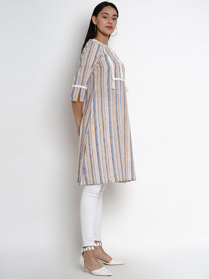 Women's Multi Striped Striaght Lace Detailing Kurta