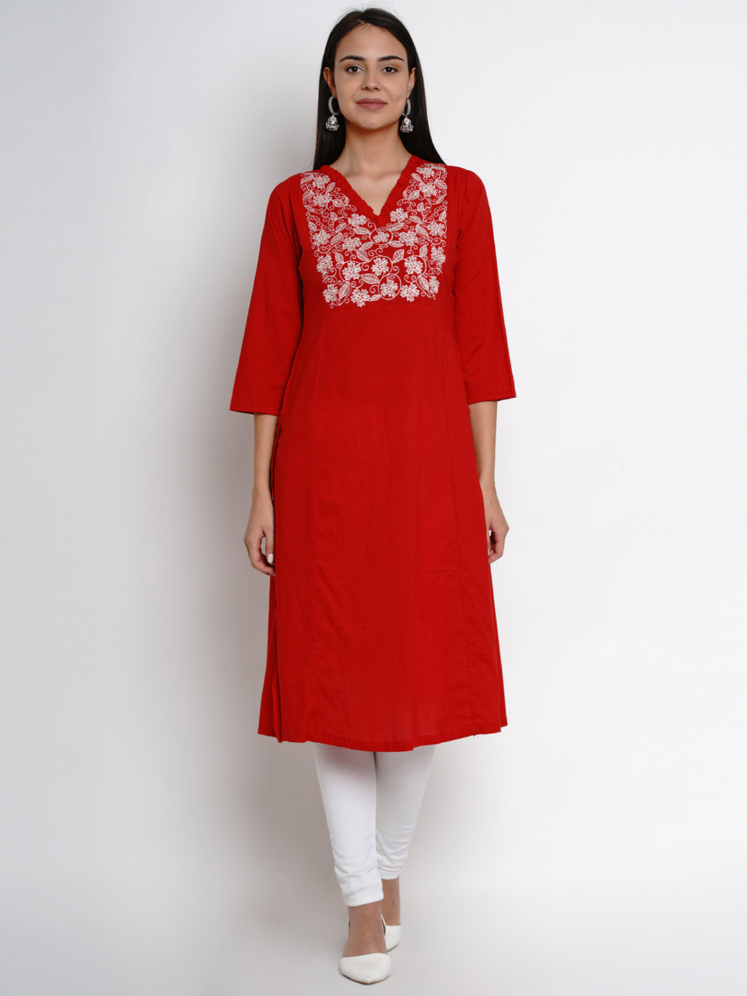 Women's Â Red Kurta With White Yoke Embroidered Design Straight Kurta