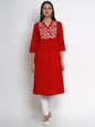 Women's Â Red Kurta With White Yoke Embroidered Design Straight Kurta