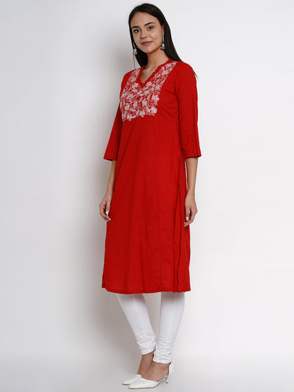 Women's Â Red Kurta With White Yoke Embroidered Design Straight Kurta