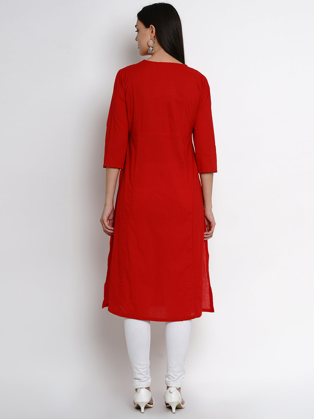 Women's Â Red Kurta With White Yoke Embroidered Design Straight Kurta