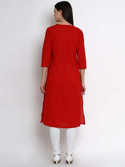 Women's Â Red Kurta With White Yoke Embroidered Design Straight Kurta