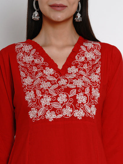 Women's Â Red Kurta With White Yoke Embroidered Design Straight Kurta