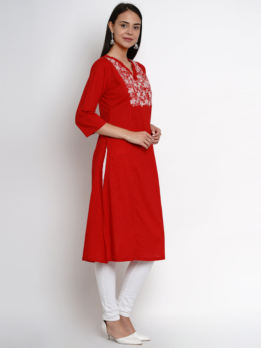 Women's Â Red Kurta With White Yoke Embroidered Design Straight Kurta