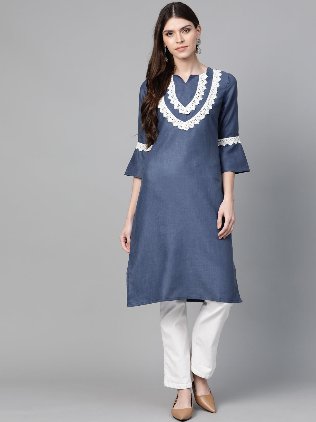 Women's Navy Blue Yoke Design Straight Kurta