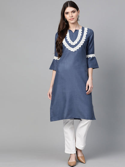 Women's Navy Blue Yoke Design Straight Kurta