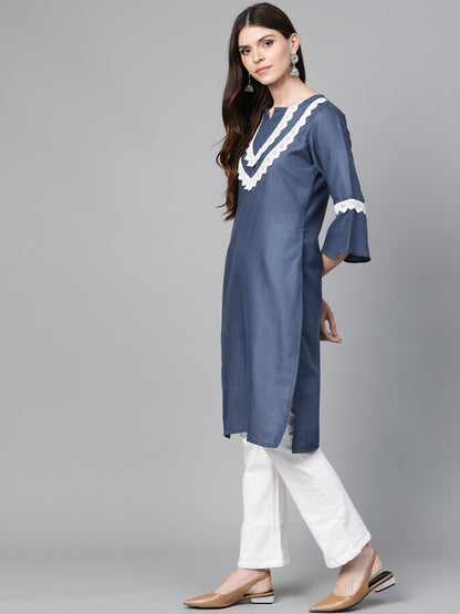 Women's Navy Blue Yoke Design Straight Kurta