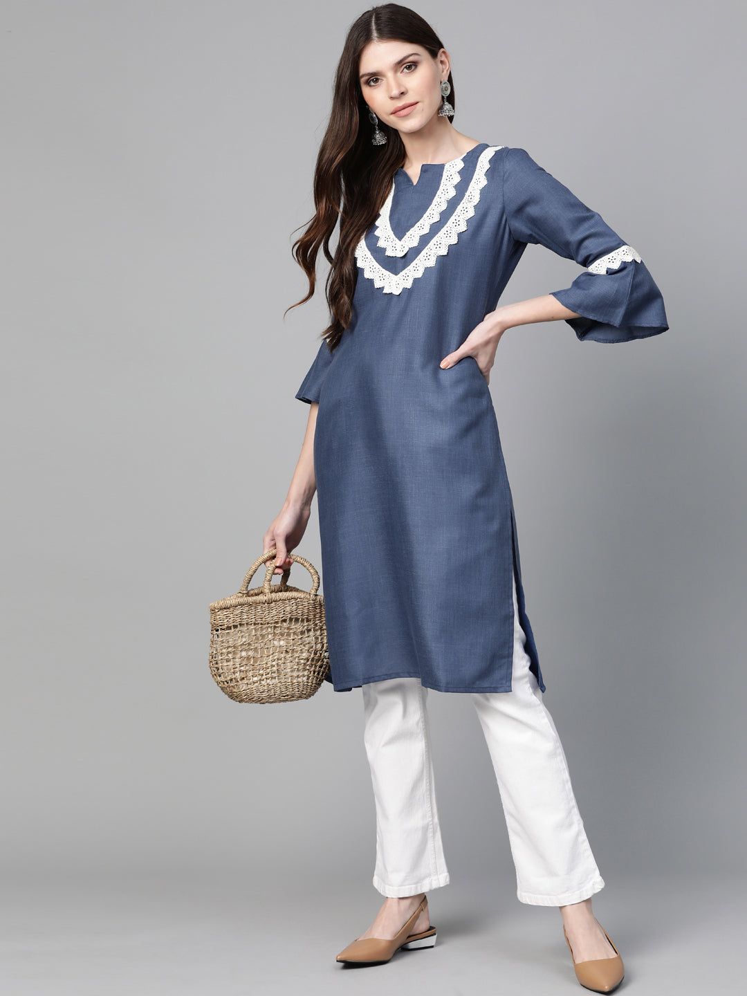 Women's Navy Blue Yoke Design Straight Kurta