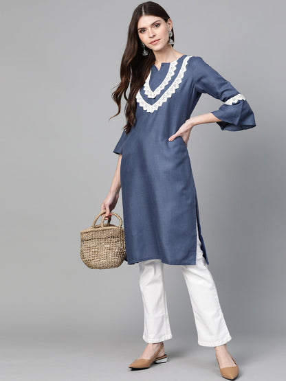 Women's Navy Blue Yoke Design Straight Kurta