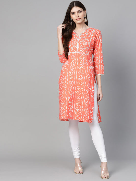 Women's Orange & White Printed Straight Kurta