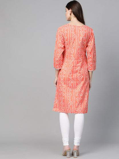 Women's Orange & White Printed Straight Kurta