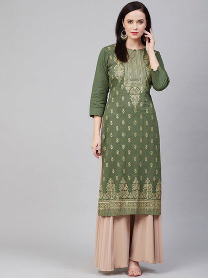 Women's Olive Green Ethnic Motifs Keyhole Neck Kurta