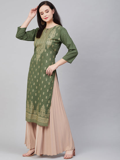 Women's Olive Green Ethnic Motifs Keyhole Neck Kurta