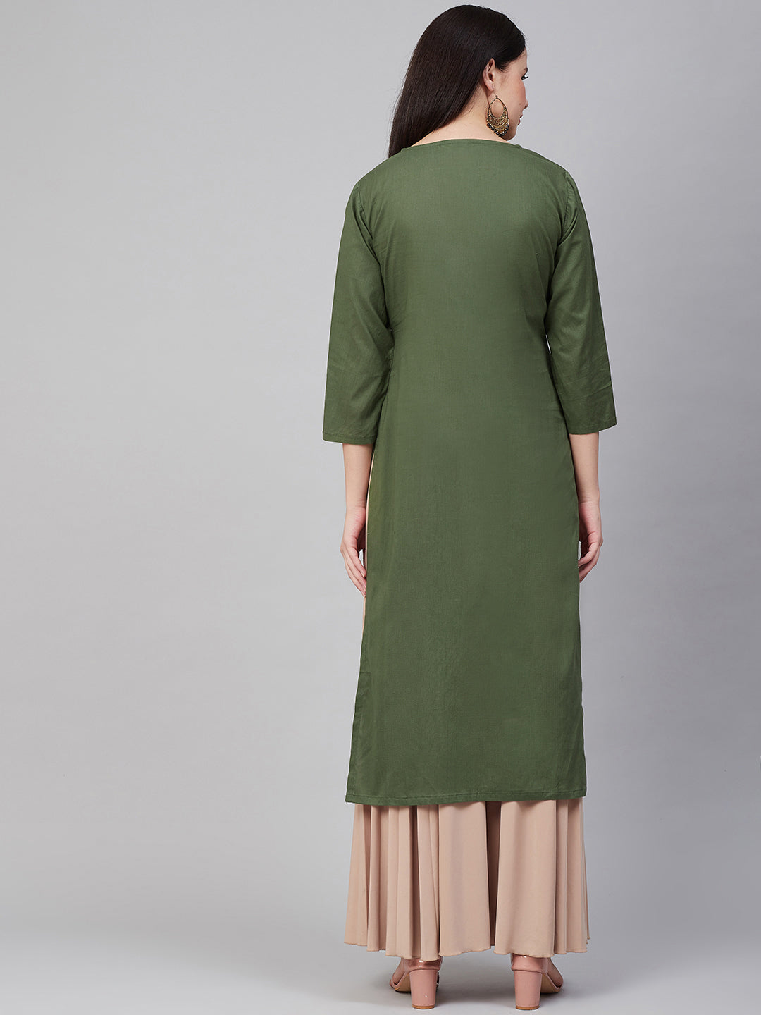 Women's Olive Green Ethnic Motifs Keyhole Neck Kurta