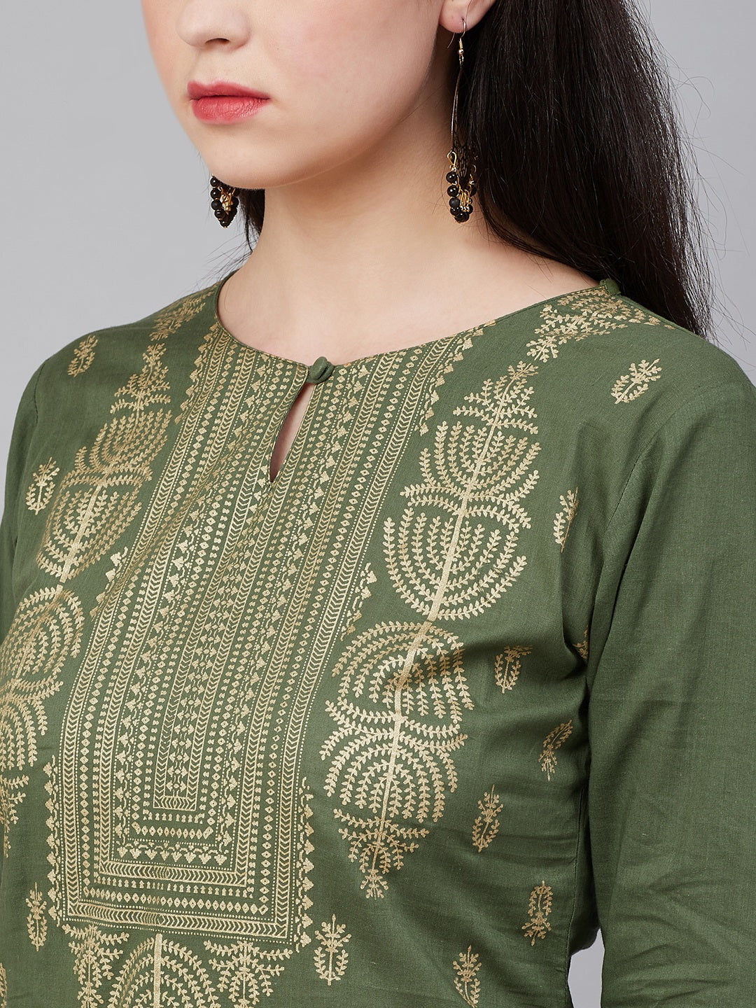 Women's Olive Green Ethnic Motifs Keyhole Neck Kurta