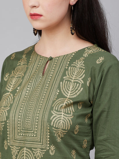 Women's Olive Green Ethnic Motifs Keyhole Neck Kurta