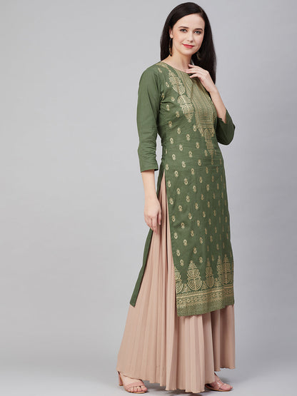 Women's Olive Green Ethnic Motifs Keyhole Neck Kurta