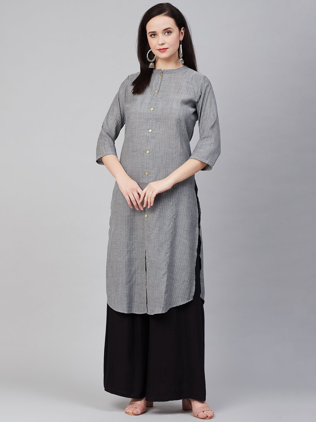 Women's Â Charcoal Striped Thread Work Kurta