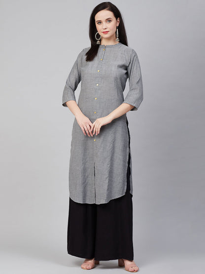 Women's Â Charcoal Striped Thread Work Kurta