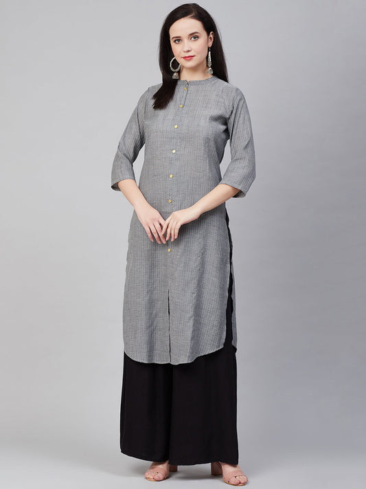 Women's Â Charcoal Striped Thread Work Kurta
