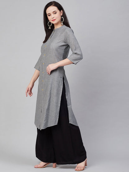 Women's Â Charcoal Striped Thread Work Kurta