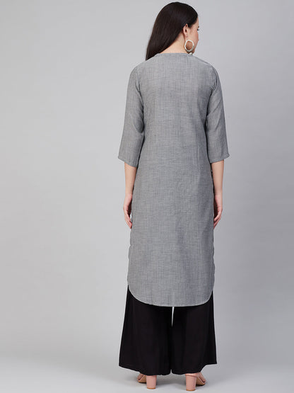 Women's Â Charcoal Striped Thread Work Kurta